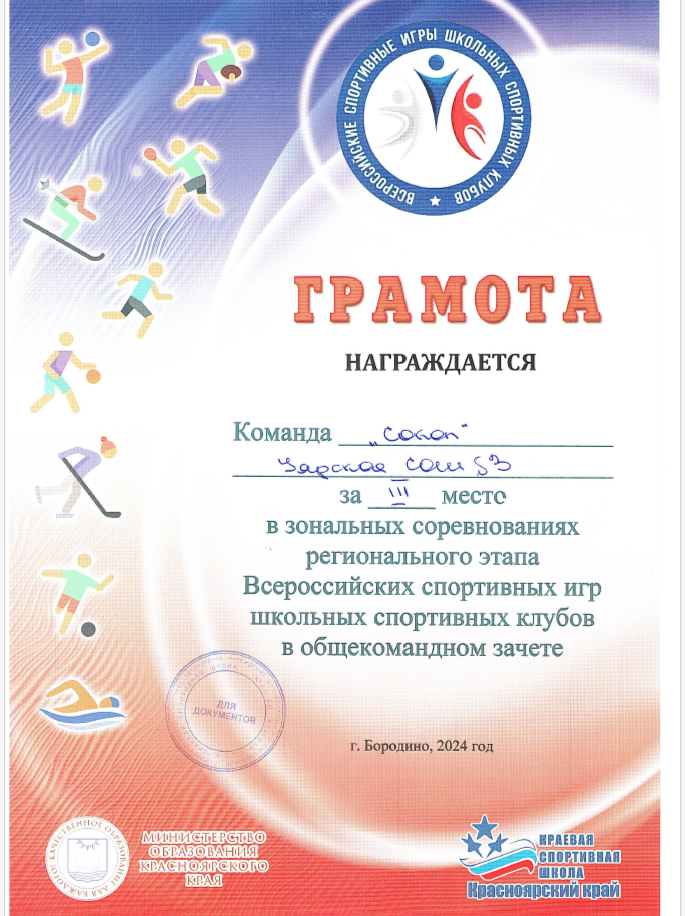 Грамота за 3 место в общекомандном зачете в зональных соревнованиях ВСИ ШСК.